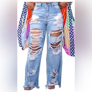 Ptorlio Women's Ripped Jeans Y2k Straight Wide Leg High Waisted Denim Pants 3XL